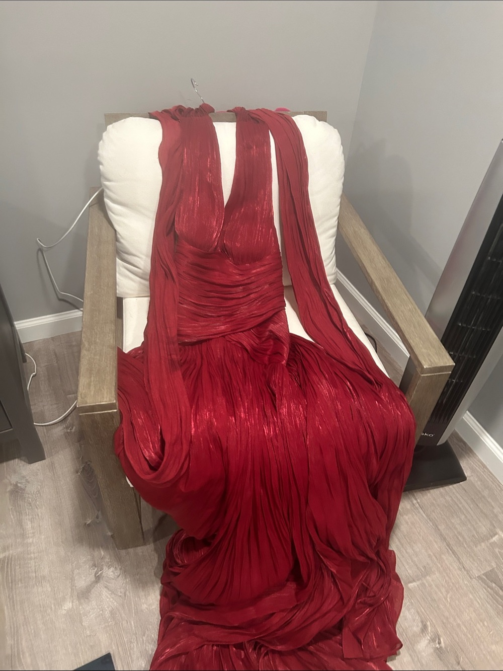 Red Pleated Maxi Dress with Draped Bodice